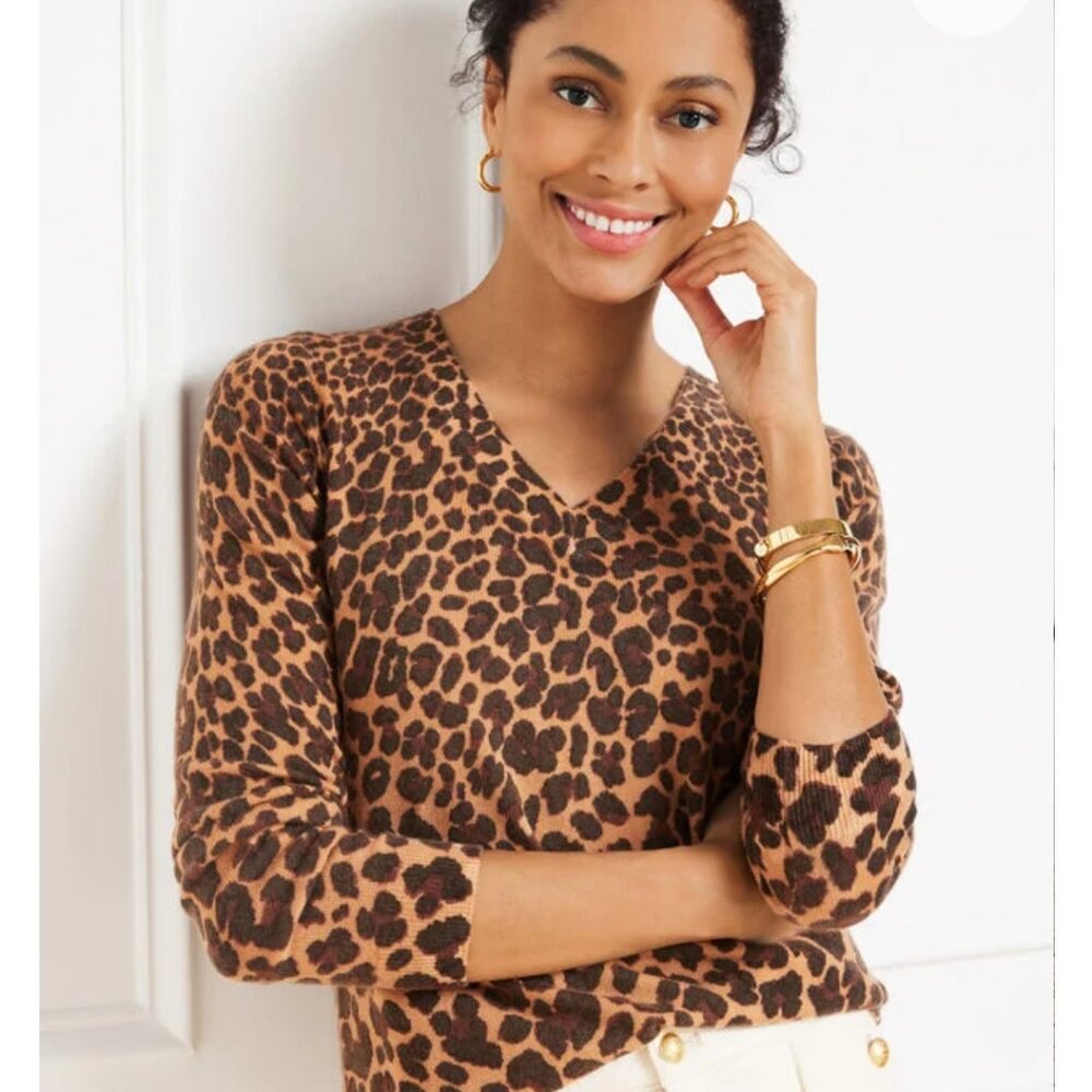 Talbots Cashmere V-Neck Sweater - Leopard New Size 0-2 Petite